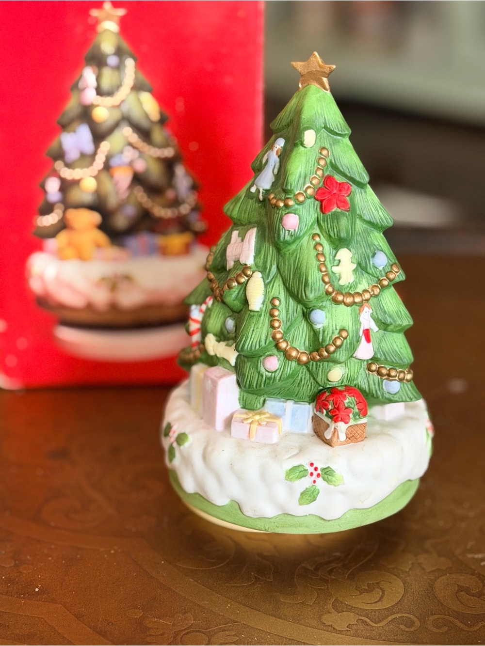 Vintage Green Christmas Tree Porcelain Figurine with Gifts - Home Holiday